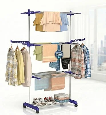 Varal de Chão 3 Andares Dobrável com Rodinhas e Cabideiro Lateral – Varal Vertical Grande em Aço, Regulável, Retrátil, com Sapateira, para Uso Interno e Externo