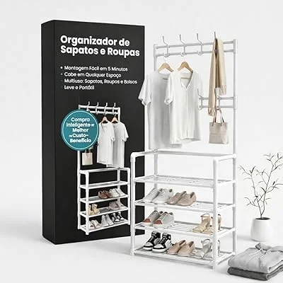 Sapateira Vertical e Cabideiro de Chão Multiuso – Organizador de Roupas com Arara Estilo Madeira, Roupeiro com Ganchos para Chapéus e Bolsas, Suporta 12 Pares de Sapatos (Branco)