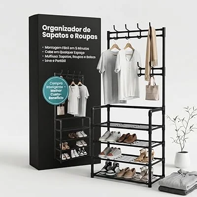 Sapateira Vertical e Cabideiro de Chão Multiuso – Organizador de Roupas com Arara Estilo Madeira, Roupeiro com Ganchos para Chapéus e Bolsas, Suporta 12 Pares de Sapatos