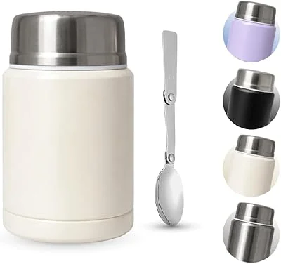Pote Térmico Hermético para Alimentos ou Bebidas | 500ML | Acompanha Colher | 12 Horas Quente - 12 Horas Gelado | Dupla Camada de Inox - Pote para Marmita, Sopas, Frutas, Temperos, Bebidas (Creme)
