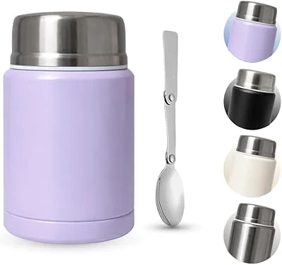 Pote Térmico Hermético para Alimentos ou Bebidas | 500ML | Acompanha Colher | 12 Horas Quente - 12 Horas Gelado | Dupla Camada de Inox - Pote para Marmita, Sopas, Frutas, Temperos, Bebidas (Lilás)