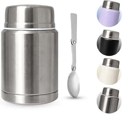Pote Térmico Hermético para Alimentos ou Bebidas | 500ML | Acompanha Colher | 12 Horas Quente - 12 Horas Gelado | Dupla Camada de Inox - Pote para Marmita, Sopas, Frutas, Temperos, Bebidas (Prata)