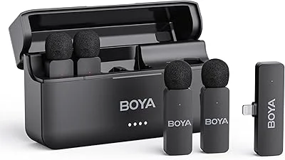 BOYA Microfone de lapela sem fio BY-V4D para iPhone com capa de carregamento, microfones de lapela omnidirecional com cancelamento de ruído de 4 canais para gravação de vídeo, entrevistas, streaming