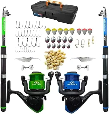 Kit de Pesca Jaú Pesca Completo com 2 Varas Telescópicas 1.65m + 2 Molinetes 5.1:1, Anzóis, Boias, Chumbadas e Acessórios