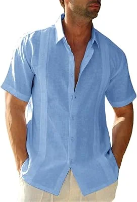 Camisa masculina manga curta acampamento cubano Guayabera linho algodão hippie praia camisa abotoada