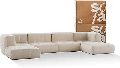 Anúncio patrocinado – Sofá 4 lugares Modular com 2 Apoios (Puff) - Sofá na Caixa em Boucle com 6 Módulos 3,44m (Linho)