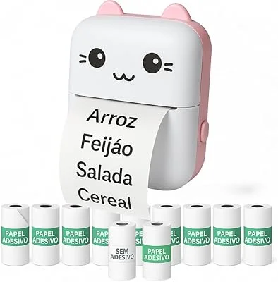 Mini impressora térmica portátil (Rosa) sem fio 200dpi + 10 rolos papel adesivo térmico e 1 rolo comum 57 * 30mm impressão...