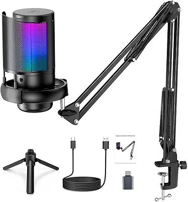 Microfone USB Gaming PC, Microfone RGB para PC/Notebook, Mic with Boom Arm, Microphone Condensador de mesa/Braço, Live, Po...