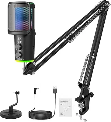 Microfone RGB,NEW USB Mic para PC/Notebook, com Arm, Condensador Mic, Aplicável Live, Podcast, Gravação de Audio, Karaoke,...