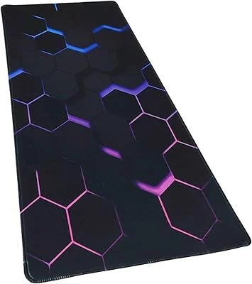 Mouse Pad Gamer Extra Grande 80x30cm - Base Antiderrapante, Superfície de Precisão, Design Hexagonal 3D com Efeito Neon Az...