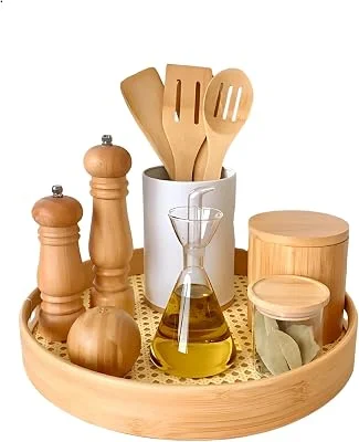 Bandeja de Bambu, Servir, Decorar, Organizar, Bandeja de Decoração Redonda, Organizador Redondo (Bambu e Palhinha 35cm)