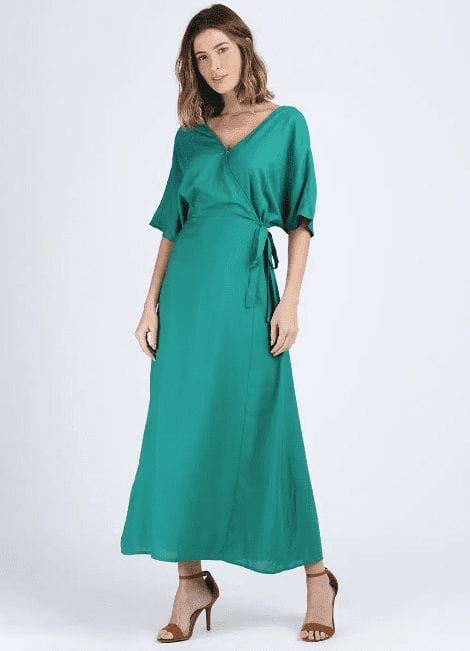 Vestido feminino longo transpassado manga curta verde