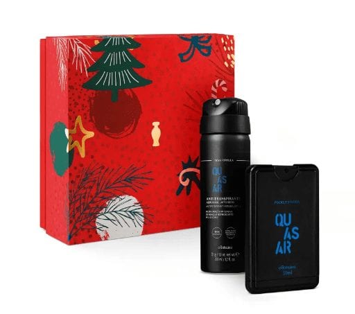 Combo Presente de Natal Quasar Miniatura: Desodorante Colônia Pocket 30ml + Desodorante Antitranspirante Aerossol 31g + Caixa de Presente