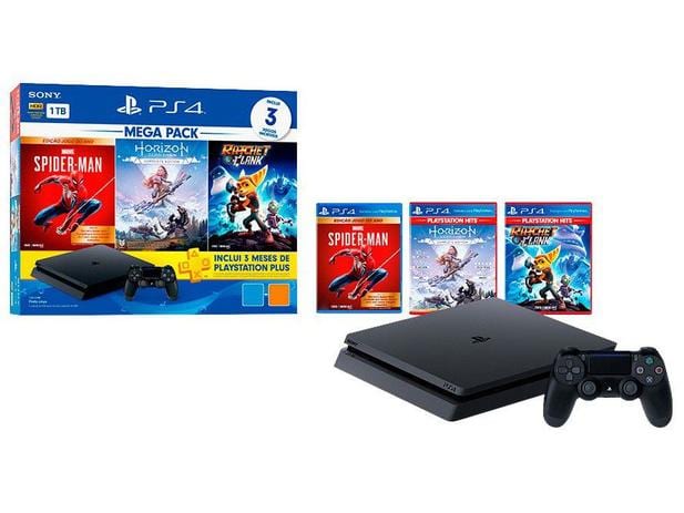 PlayStation 4 Mega Pack V15 1TB 1 Controle Preto – Sony com 3 Jogos PS Plus 3 Meses