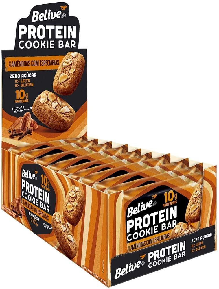 Cookie Bar Protein Amêndoas com Especiarias Sem Açúcar Sem Glúten Sem Lactose Belive 40g Display com 10 unidades