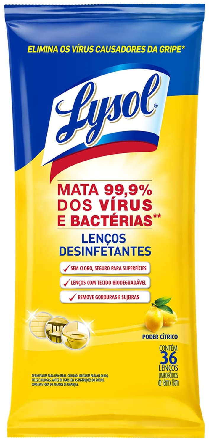 Lenços Desinfetantes Lysol – Poder Cítrico 36 Unidades, Lysol, Amarelo, Pacote de 36