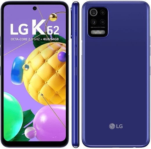 Smartphone LG K62 Azul 64GB, Tela de 6.59”, Câmera Traseira Quádrupla, Android 10, Inteligência Artificial e Processador Octa-Core