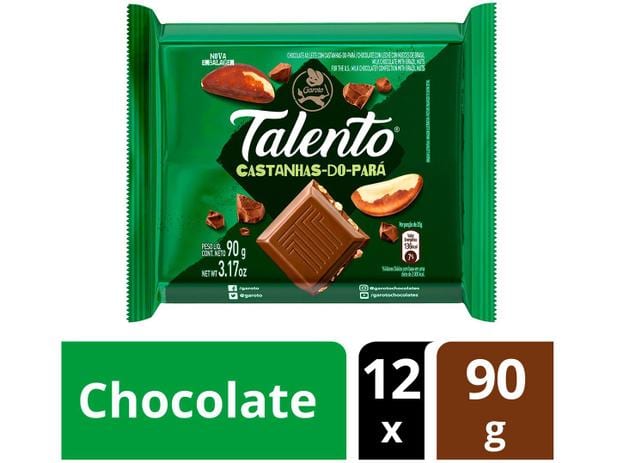 Barra de Chocolate Talento Ao Leite com – Castanha do Pará 90g 12 Unidades Garoto