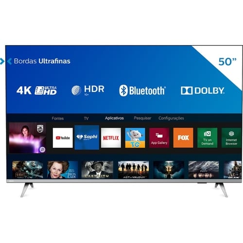 Smart TV LED 50” Philips 50PUG6654/78 Ultra HD 4k, Design sem Bordas HDR10+ Dolby Vision Dolby Atmos Bluetooth 3 HDMI 2 USB 60 HZ – Prata