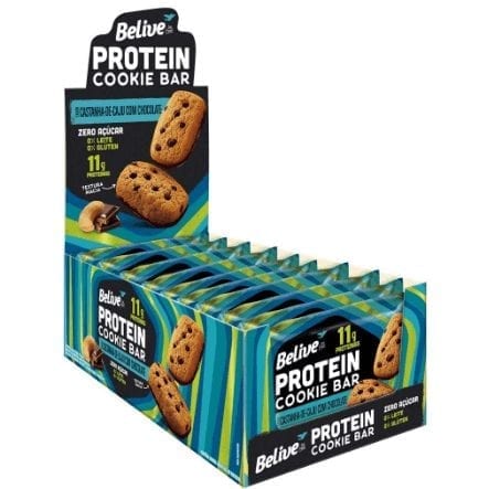 Cookie Bar Protein Castanha de Caju com Chocolate Sem Açúcar Sem Glúten Sem Lactose Belive 40g Display com 10 unidades