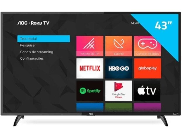 AOC Roku TV Smart TV LED 43” Full HD 43S5195/78 com Wi-fi, Controle Remoto com Atalhos, Roku Mobile, Miracast, Entradas HDMI e USB
