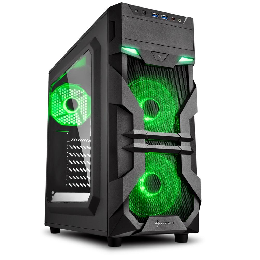 Gabinete Gamer Sharkoon VG7-W, Mid Tower, LED Verde, 3 Coolers, Lateral em Acrílico, Preto
