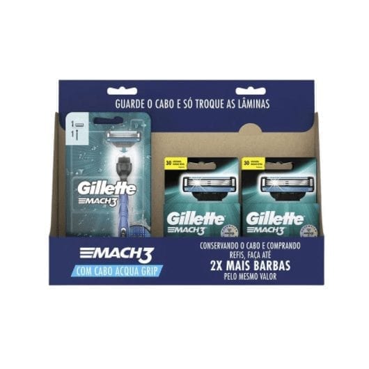 Kit Aparelho de Barbear Recarregável Gillette Mach3 Acqua Grip 2 Unidades e 8 Cargas