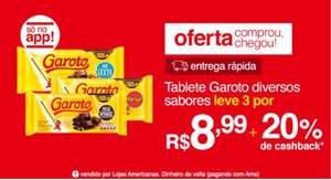 3 barras de chocolate Garoto por R$8,99 + 20% de cashback