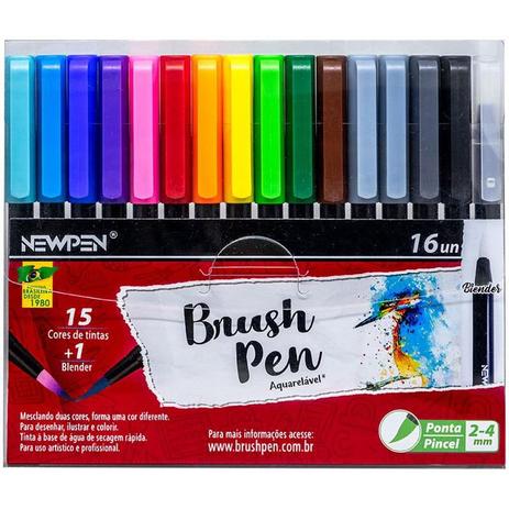 Caneta Ponta Pincel Newpen Brush Pen Newpen 15 Cores + 1 Blender 16 unidades