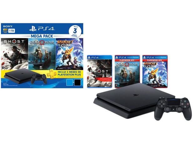 PlayStation 4 Mega Pack V18 2021 1TB 1 Controle – Preto Sony com 3 Jogos na Memória Voucher 3 Meses