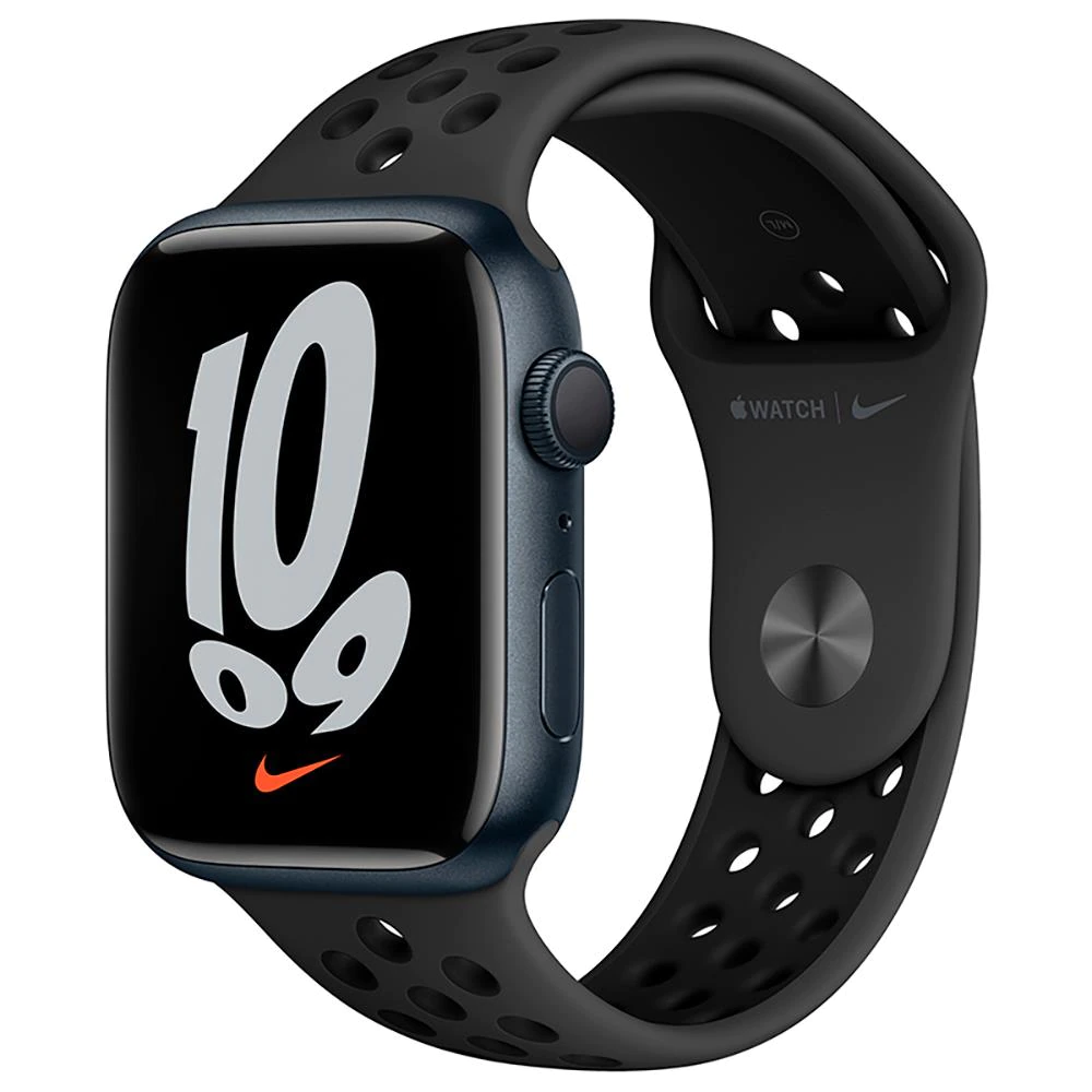 Apple Watch Nike Series 7 GPS, 45mm caixa Meia-noite de Alumínio com Pulseira Esportiva Nike Cinza-carvão/preta