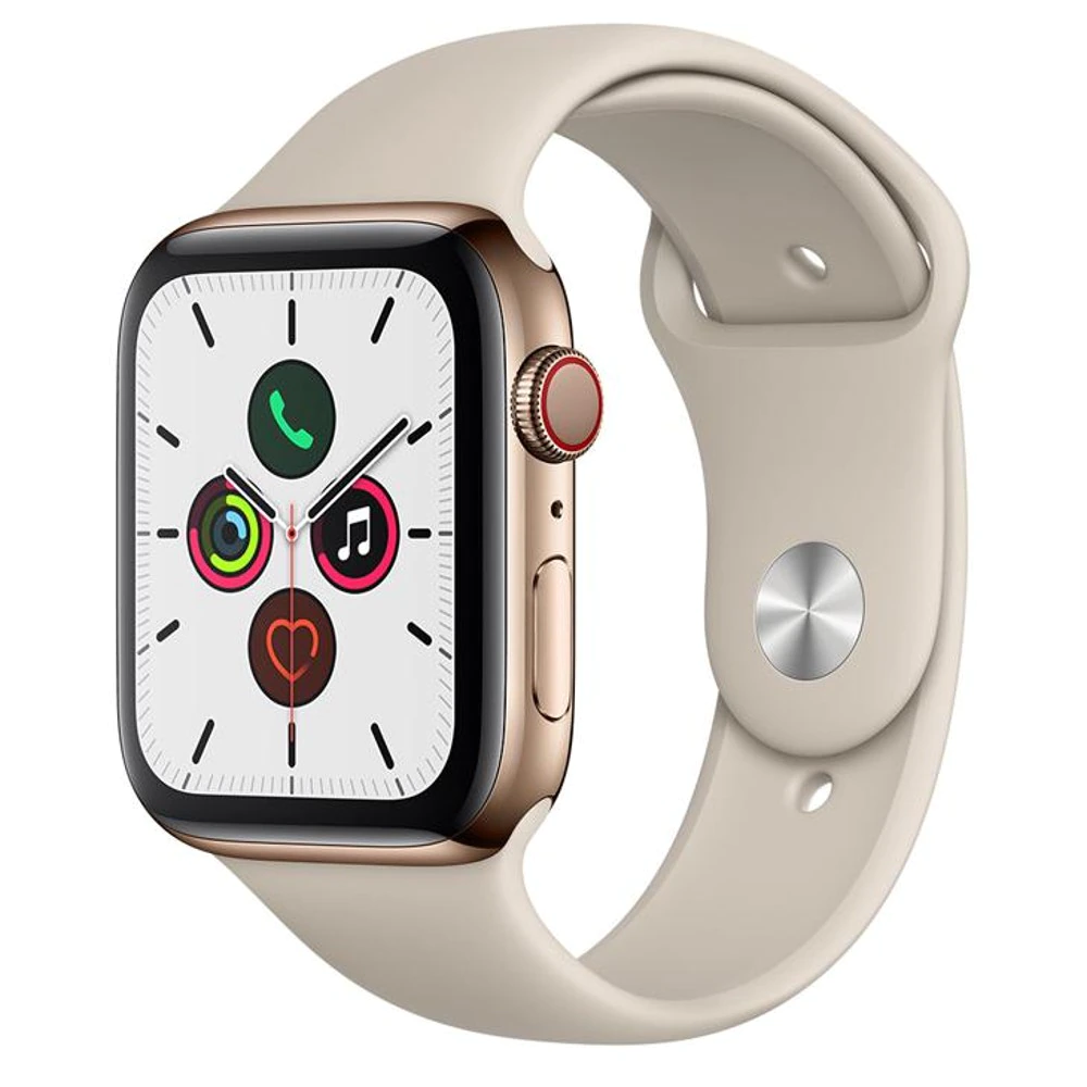 Apple Watch Series 5 Cellular + GPS, 44 mm, Aço Inoxidável Dourado, Pulseira Esportiva Cinza e Fecho Clássico – MWWH2BZ/A
