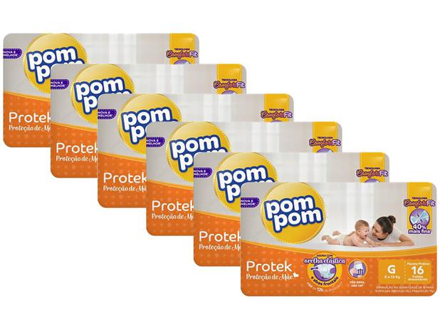 Kit Fraldas Pom Pom Protek Proteção de Mãe – Tam. G 8 a 13kg 6 Pacotes com 16 Unidades Cada