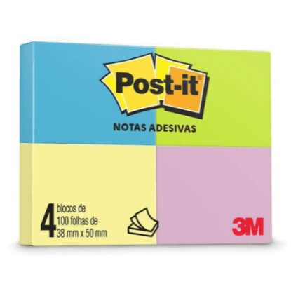 Blocos de Notas Adesivas Post-it Neon 4 cores – 4 Blocos de 38 mm x 50 mm – 100 folhas cada