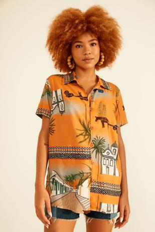 Camisa manga curta abotoamento estampa paraty mercatto laranja