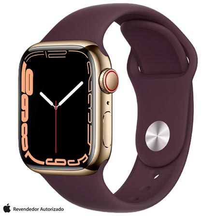 Apple Watch Series 7 (GPS + Cellular, 45mm) Caixa de Aço Inoxidável Dourado – Pulseira Esportiva Cereja-Escura
