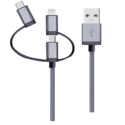 Cabo 3 em 1 – Conector lightning original Mfi Apple para iPhone, iPad, iPod lightning, Conector micro USB, Conector USB-C (tipo-C), nylon trançado, 1,5MT, Cinza, LMC31GR, Geonav