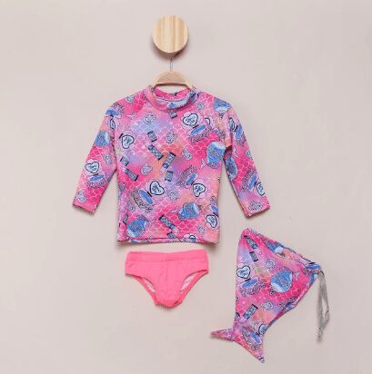 Conjunto de Praia Infantil Marlan Camiseta Manga Longa+Calcinha+Saquinho Estampado Com Proteção UV – Rosa