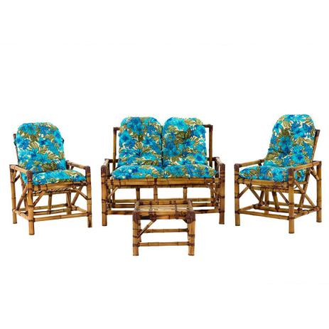 Conjunto Bambu Namoradeira, 2 cadeiras + mesa de centro com almofadas Aréa Interna e Externa T3 – Top Estofados e Móveis Artesanais