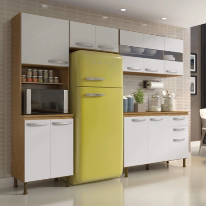 Cozinha Compacta 4 Peças Balcão com Tampo 3 Portas de Vidro Lara Espresso Móveis Sinai/Branco