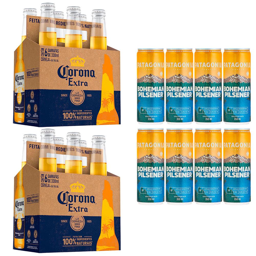 Kit Cerveja Corona Extra Long Neck 330ml – 12 Unidades + Cerveja Patagonia Bohemian Pilsener Lata Sleek 350ml – 8 Unidades