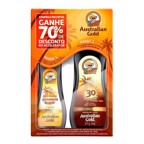 Protetor Solar Australian Gold FPS 30 Spray Gel 237ml + Ganhe 70% Desconto no Bronzeador Accelerator Clear Spray 125g
