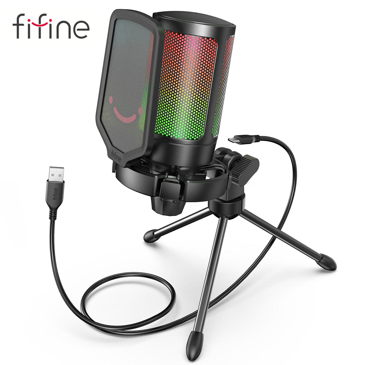 Microfone gamer Fifine ampligame RGB – Com Pop filter e tripé – USB