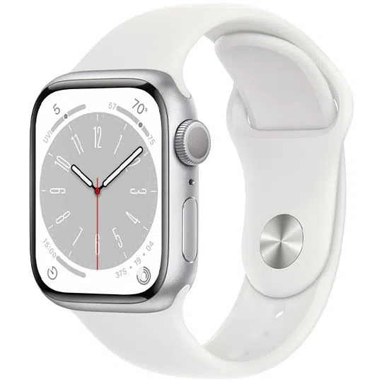 Apple Watch Series 8 (GPS), Smartwatch com caixa prateada de alumínio – 45 mm • Pulseira esportiva branca – Padrão