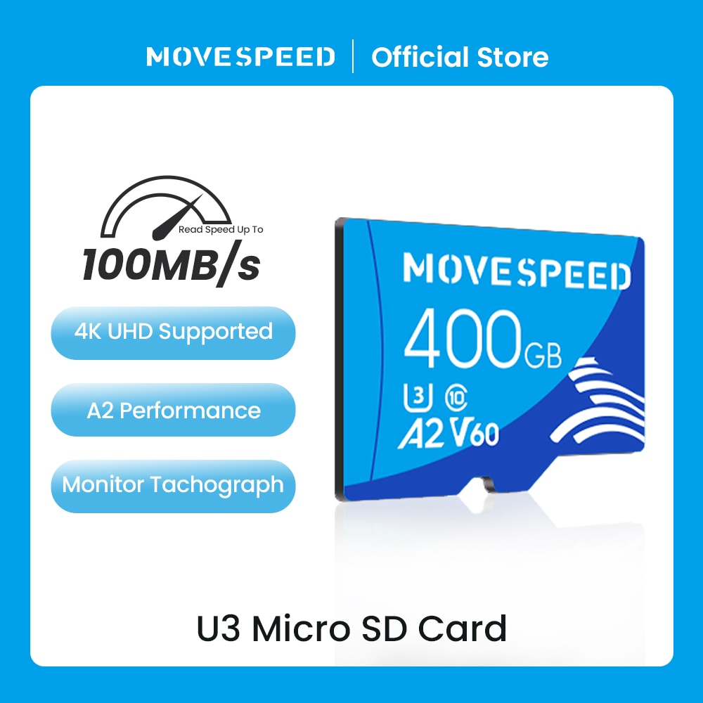 Cartão Micro SD MOVESPEED U3 400GB 100 MB/s Velocidade de Leitura 60MB/s Velocidade de Gravação