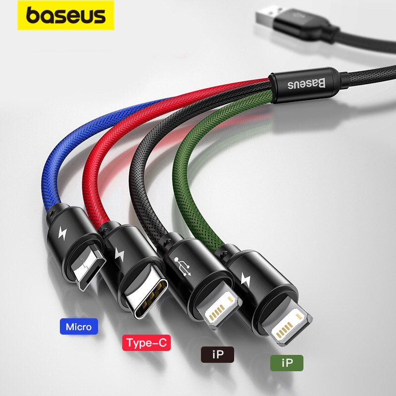 Cabo Baseus 3 em 1 para iPhone e Android – 120cm – Lightining, USB C e Micro USB