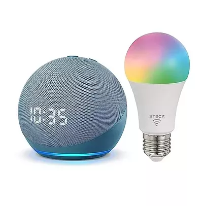 Echo Dot (4ª geração) | Smart Speaker com Relógio e Alexa | Cor Azul + Lâmpada Smarteck 12W