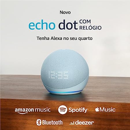 Novo Echo Dot 5ª geração com Relógio | Smart speaker com Alexa | Display de LED ainda melhor | Cor Azul Claro [C. Visa]