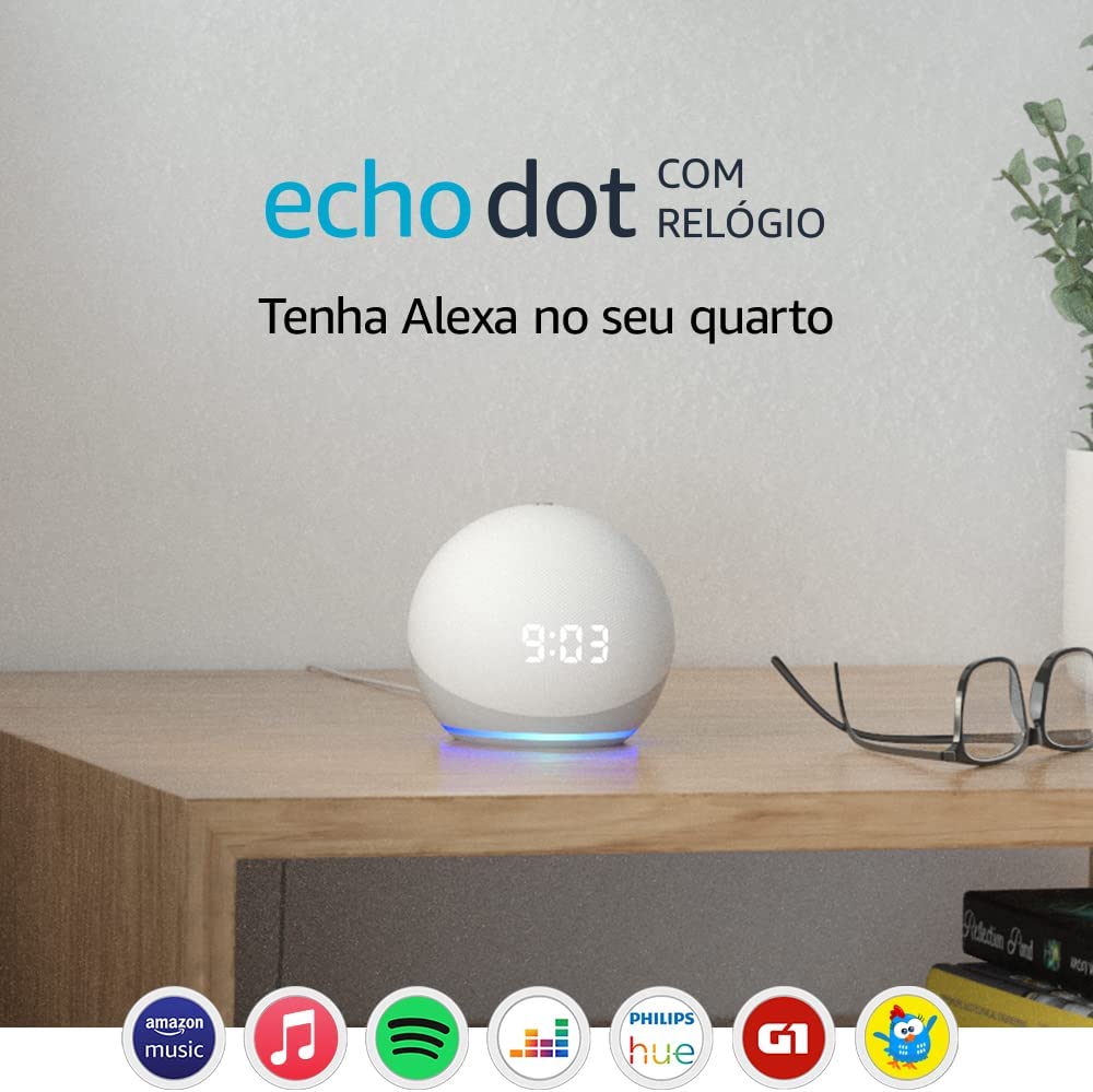 Echo Dot (4ª geração): Smart Speaker com Relógio e Alexa | Música, informação e Casa Inteligente – Cor Branca