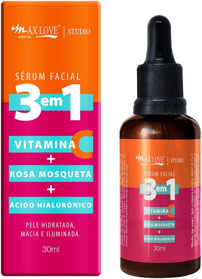 Max Love Serum Facial 3 em 1 Vitamina + C Rosa Mosqueta + Ácido Hialurônico – Pele Hidratada, Macia e Iluminada 30ml